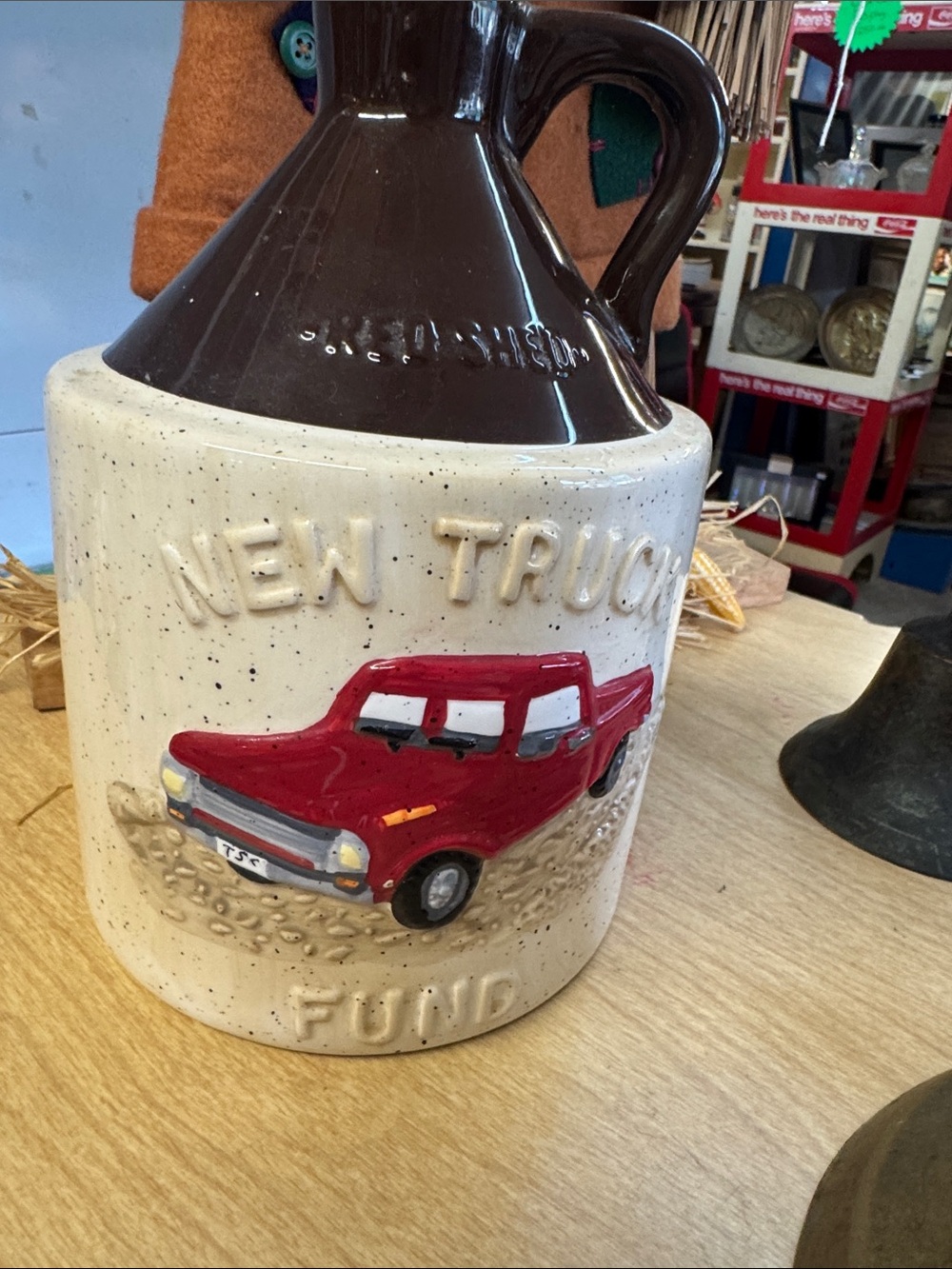 Ceramic Jug Pitcher with Red Truck Motif - Brown & Cream
